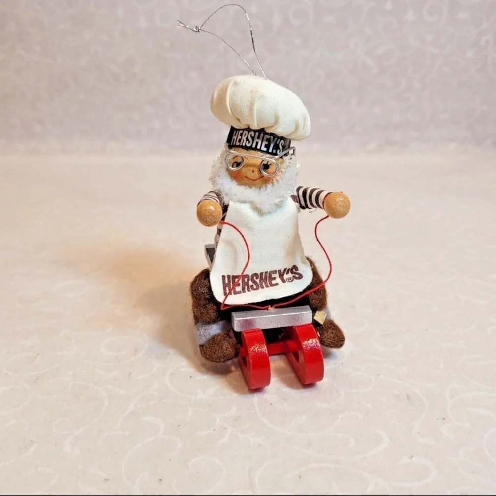 Vintage Kurt Adler Hersheys Chocolate Elf Chef on Wood Sled Christmas Ornament